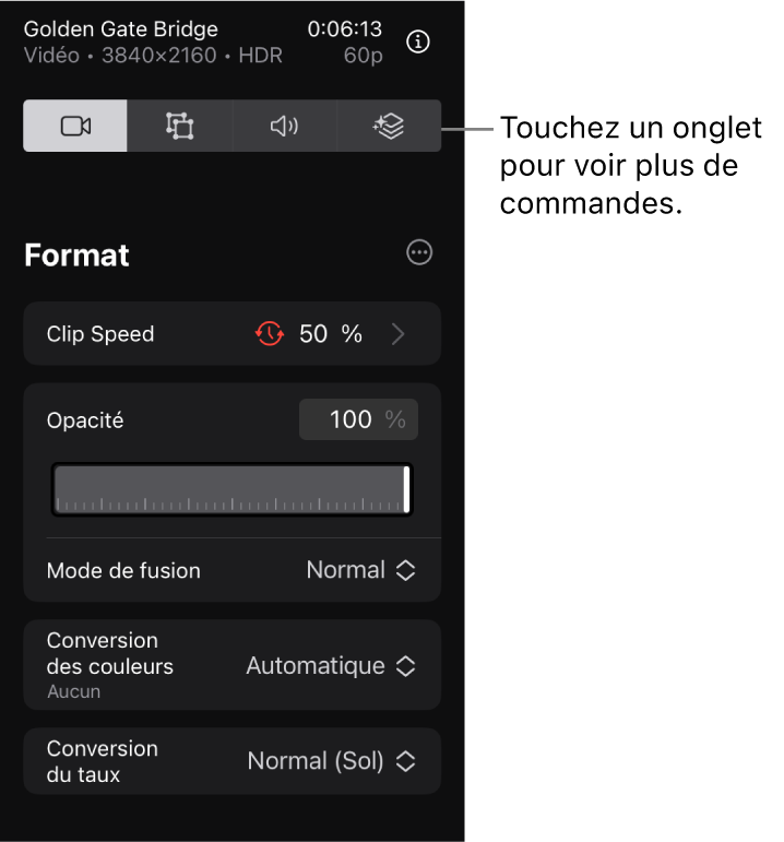 L’onglet Format de l’inspecteur, montrant les commandes pour modifier la vitesse, l’opacité et le mode de fusion d’un plan vidéo.