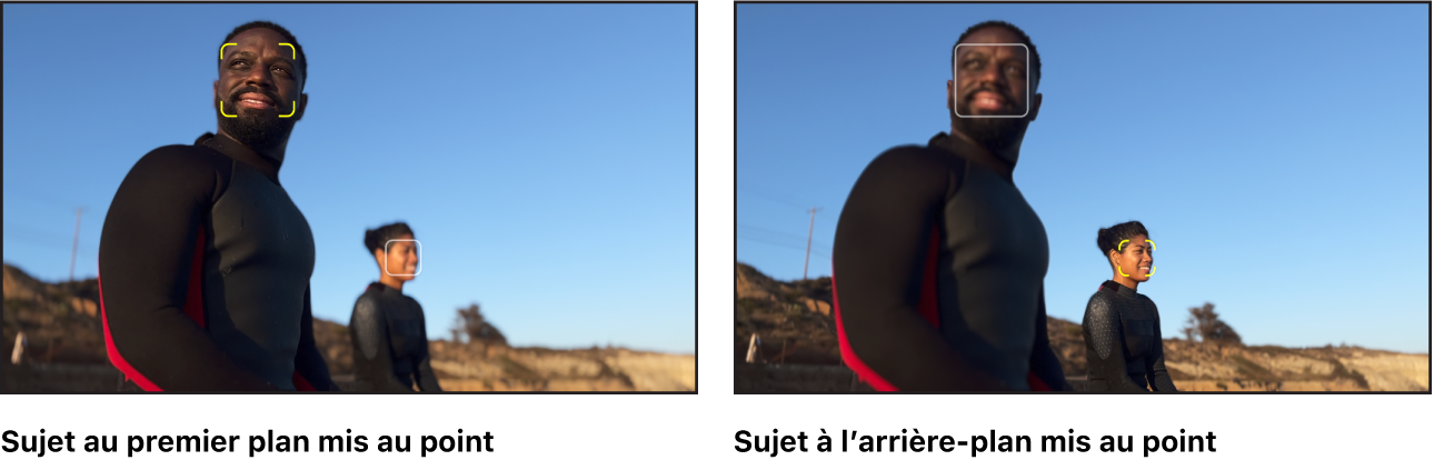 Deux versions d’une image tirée d’un plan vidéo en mode Cinématique, avec les commandes à l’écran affichant un changement de mise au point.