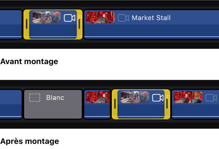 Un plan montré avant et après avoir été glissé vers un nouvel emplacement dans la timeline avec le mode Position activé. Une fois le plan glissé à sa nouvelle position, il écrase une partie d’un plan adjacent, et un plan blanc remplit la partie libérée de la timeline.