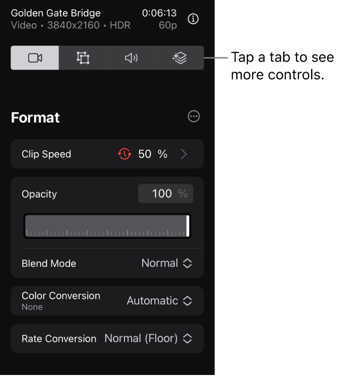 インスペクタの「フォーマット」タブ。ビデオクリップの速度、不透明度、ブレンドモードを変更するためのコントロールが表示されています。