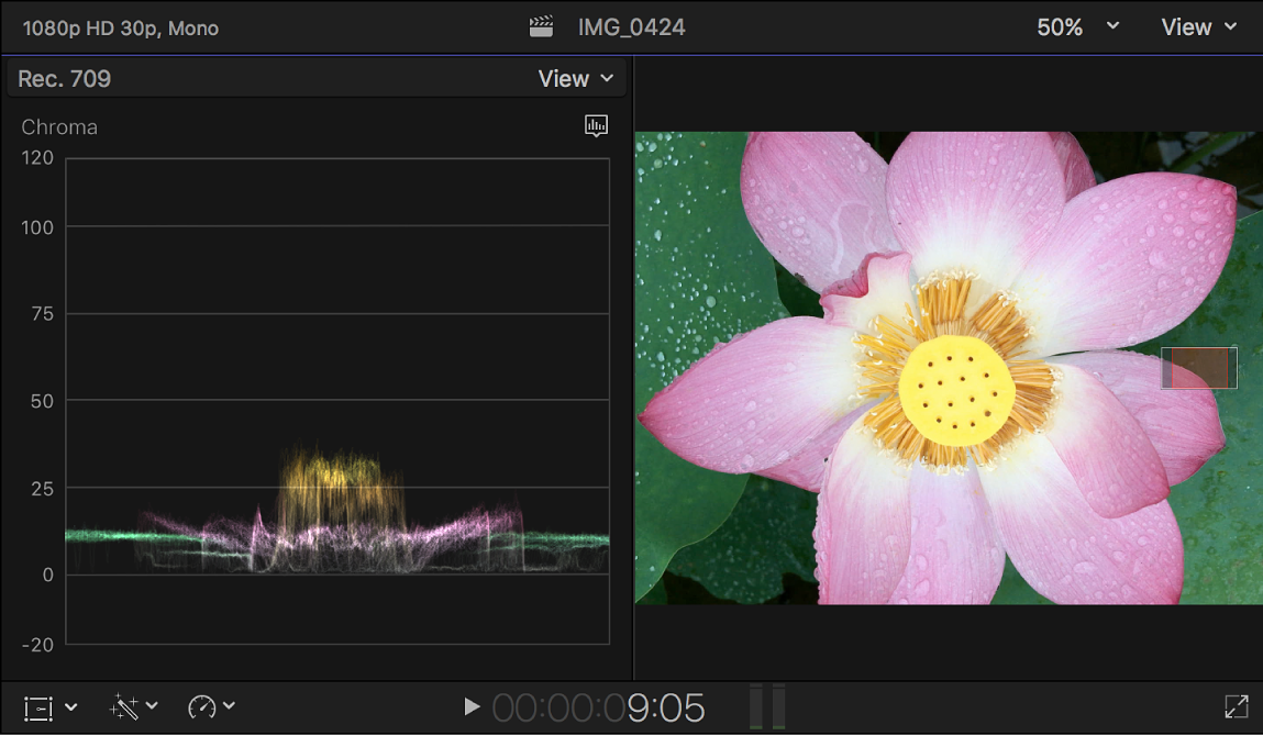 Der Waveform-Monitor „Chroma“ links neben dem Viewer