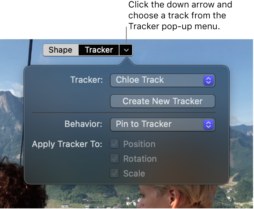 Die Taste „Tracker“ und der Abwärtspfeil oben im Viewer. Die Tracker-Steuerelementen werden unten angezeigt. Das Einblendmenü „Tracker“ wird oben in den Tracker-Steuerelementen angezeigt.