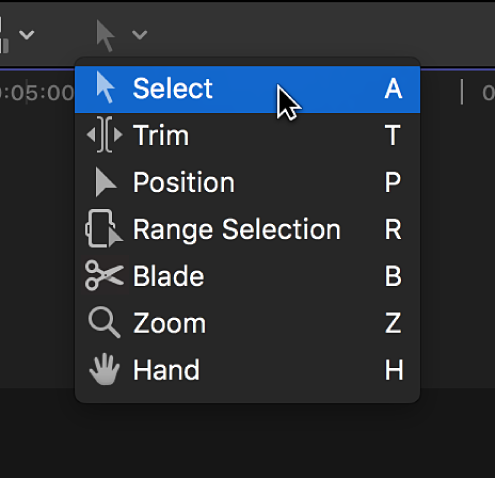 The Select tool in the Tools pop-up menu