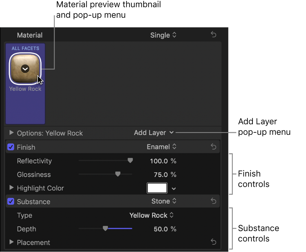 The Material section of the Text inspector