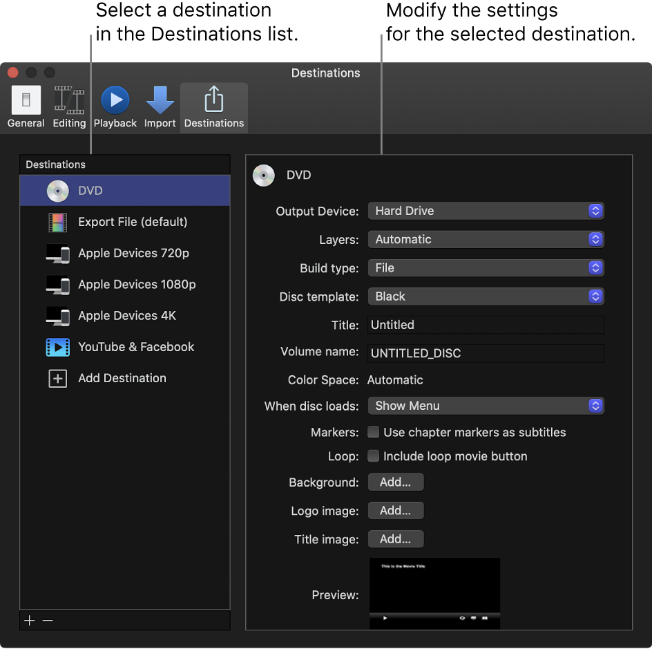 The Destinations pane of the Preferences window showing the DVD destination selected in the list on the left