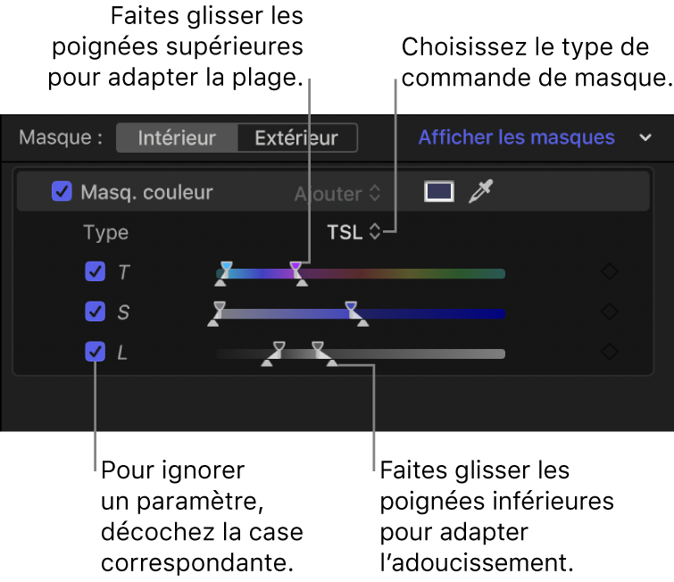 Section Masque de couleur de l’inspecteur avec le menu local Type défini sur TSL et les commandes de paramètre Teinte, Saturation et Luminance en dessous. Chaque paramètre dispose d’une case pour l’activation ou la désactivation du paramètre et de curseurs dotés de poignées en haut et en bas pour l’ajustement du paramètre.