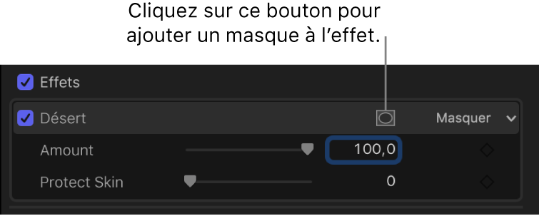 Section Effets de l’inspecteur vidéo avec le bouton « Appliquer des masques d’effet » d’un effet