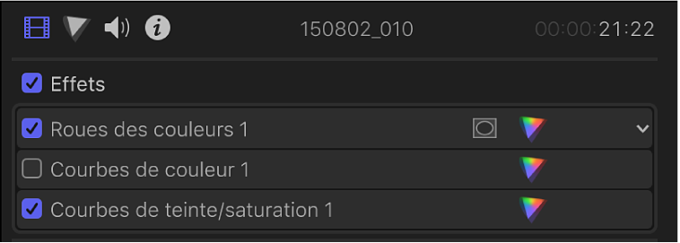 Étalonnages dans la section Effets de l’inspecteur vidéo, avec les cases de gauche pour l’activation ou la désactivation des étalonnages