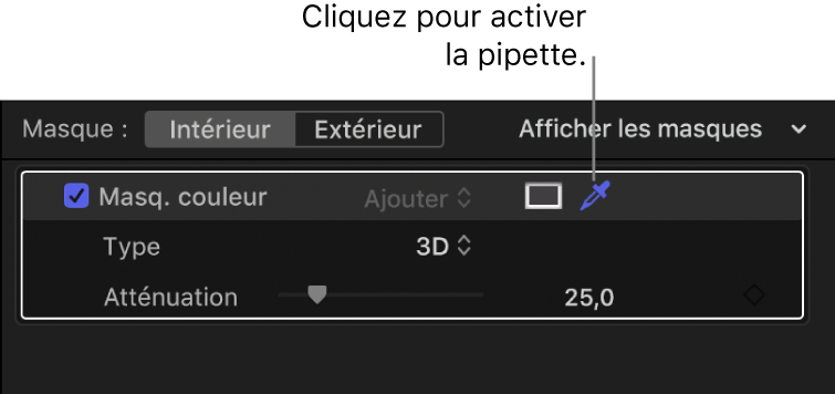 Section Masque de couleur de l’inspecteur avec la pipette en bleu, indiquant que celle-ci est active