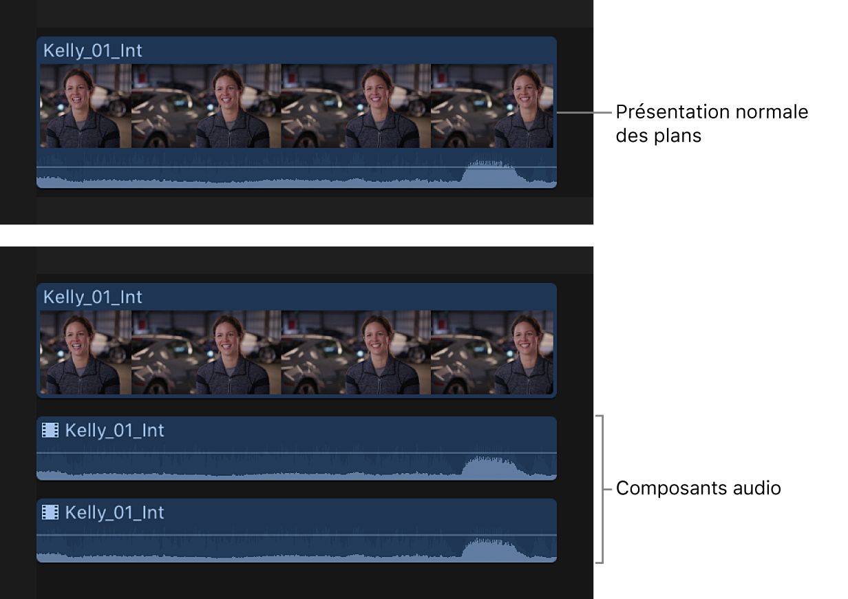 Plan affiché dans la timeline avant et après le développement de ses composants audio