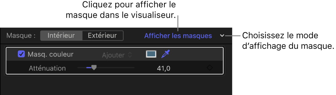 Section Masque de l’inspecteur montrant le bouton Afficher les masques et le menu local