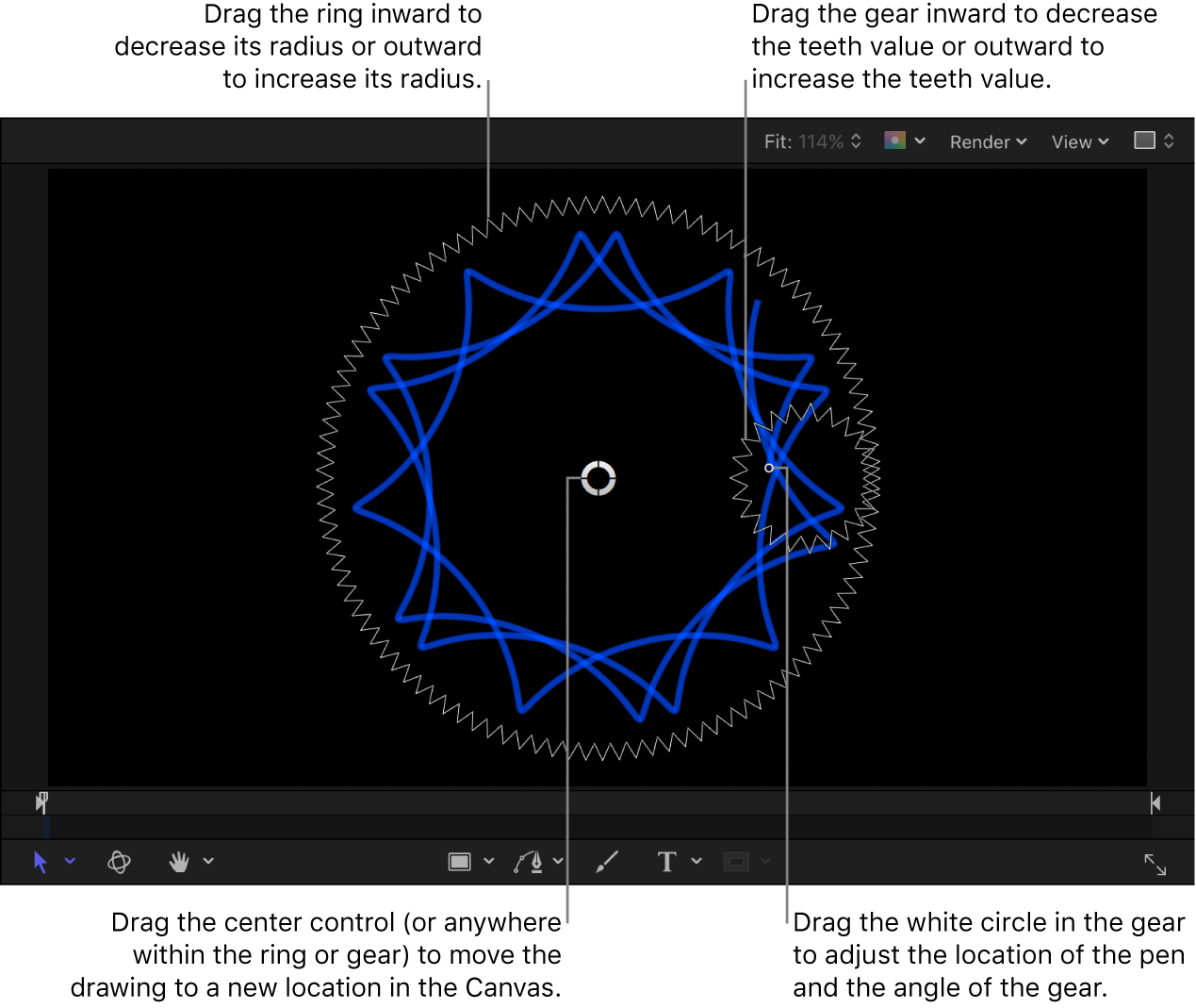 Canvas mit den Onscreen-Steuerelementen für die Spiralzeichnung