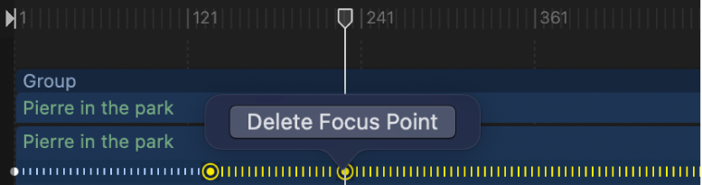 Löschvorgang eines manuellen Fokuspunkts (gelb) in der Timeline