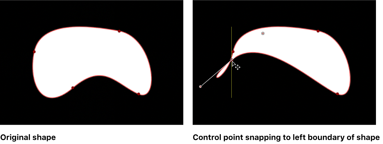 Canvas mit einer Bezier-Form und einer Hilfslinie, die eingeblendet wird, wenn ein Steuerpunkt mit einem anderen Steuerpunkt auf der gleichen Form ausgerichtet ist