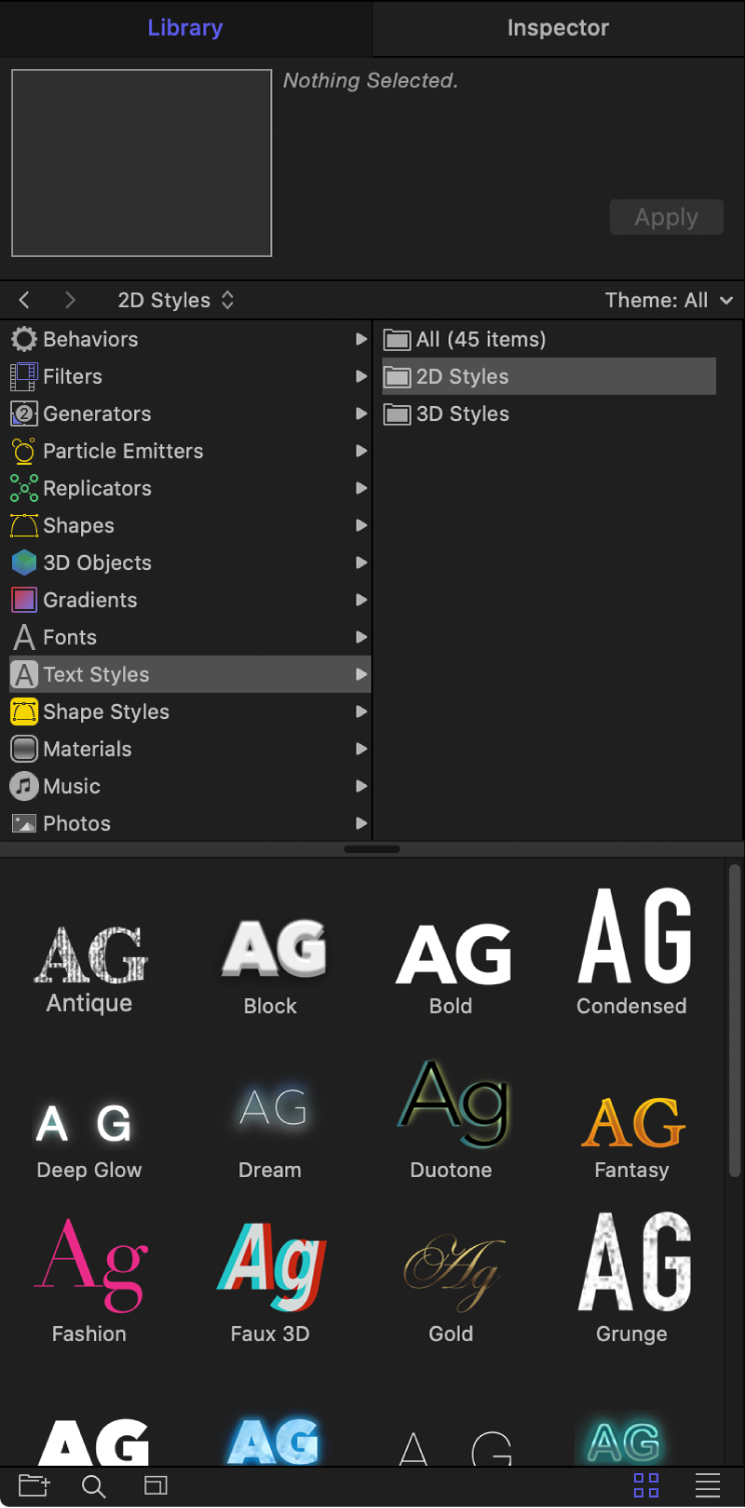 Library showing selected 2D Text Styles folder