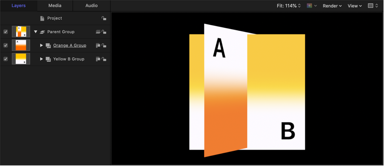 Layers list and canvas showing groups sorted in depth order