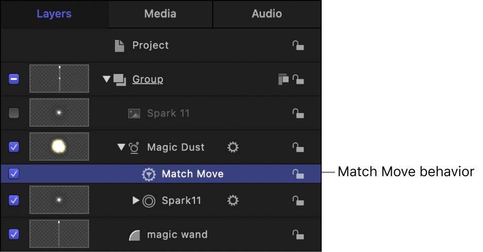 Layers list showing the Match Move behavior applied to a particle emitter