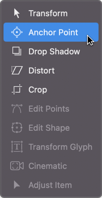 Selección de la herramienta “Punto de anclado” en el menú desplegable de herramientas de transformación