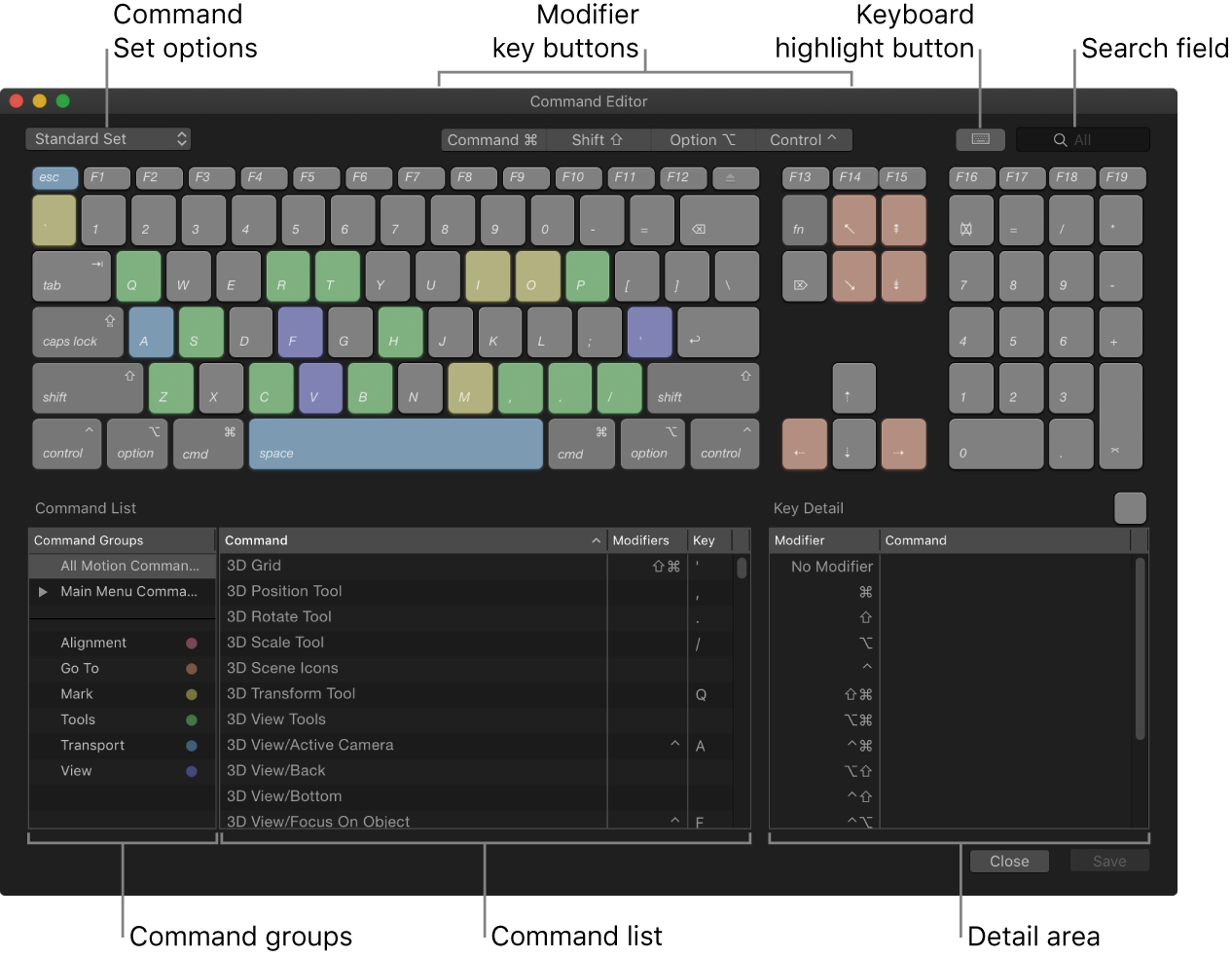 Editor de comandos con las opciones de ajustes de comandos, botones de teclas modificadoras, botón de resalte de teclado, campo de búsqueda, grupos de comandos, lista de comandos y área de detalles de teclas