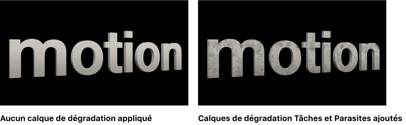 Texte 3D dans le canevas sans aucun calque de déprédation appliqué et avec les calques de déprédation Taches et Poussière appliqués