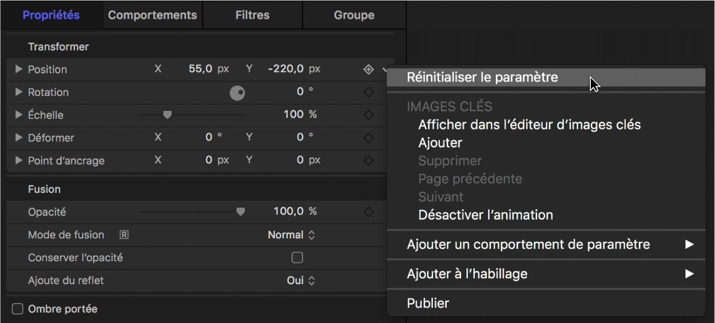 Option Réinitialiser le paramètre du menu Animation