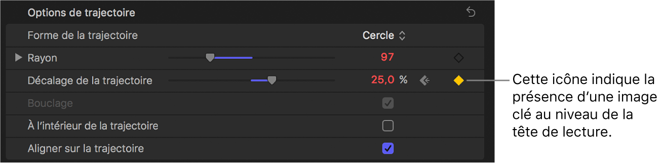 Inspecteur de texte affichant une icône d’image clé dans le menu Animation du paramètre « Décalage de la trajectoire »