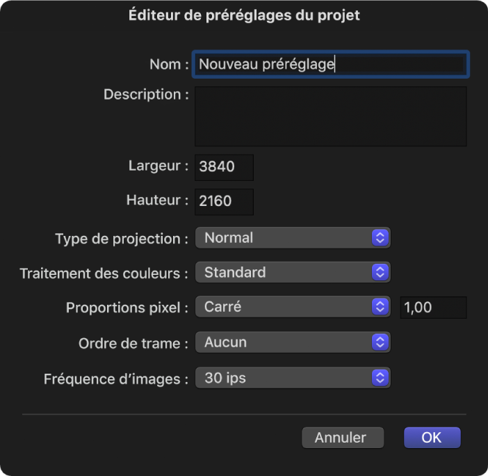 Éditeur de préréglages du projet