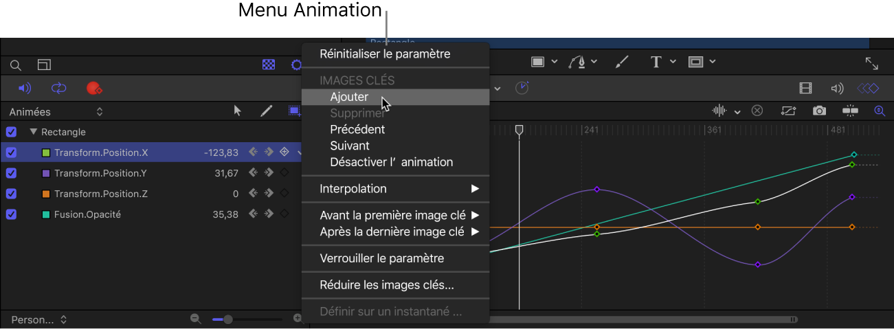 Liste des paramètres de l’éditeur d’images clés affichant le menu Animation