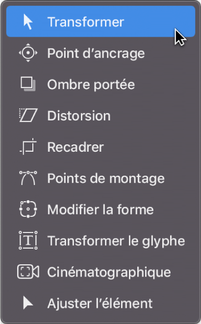 Menu local des outils de transformation dans la barre d’outils du canevas