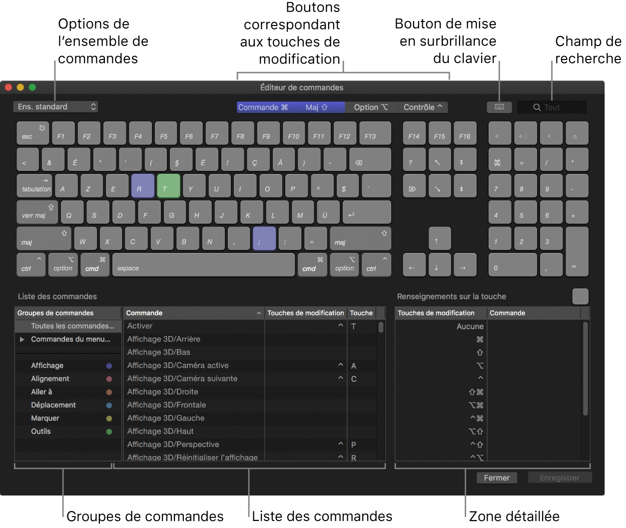 Éditeur de commandes affichant les options d’ensemble de commandes, les boutons de touche de modification, le bouton de mise en surbrillance du clavier, le champ de recherche, les groupes de commandes, la liste des commandes et la zone « Renseignements sur la touche »