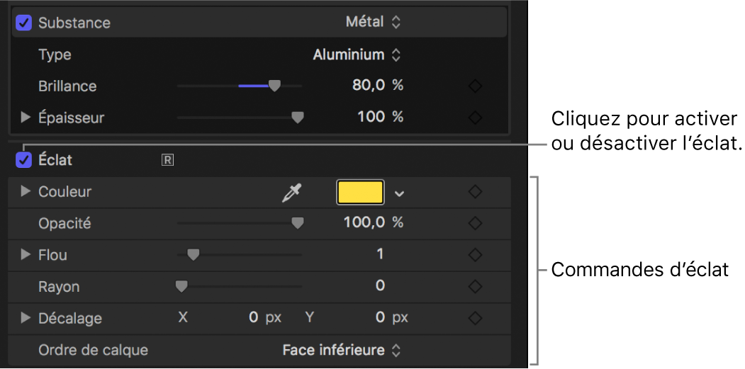 Commandes Éclat dans la fenêtre Apparence de l’inspecteur de texte