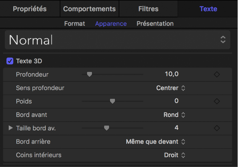 Commandes Texte 3D dans la fenêtre Apparence de l’inspecteur de texte