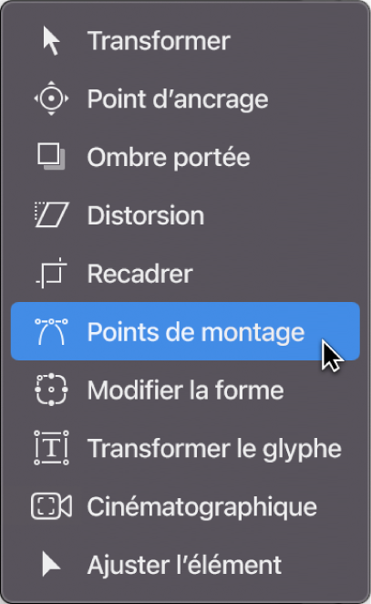 Sélection de l’outil Points de montage dans le menu local des outils de transformation