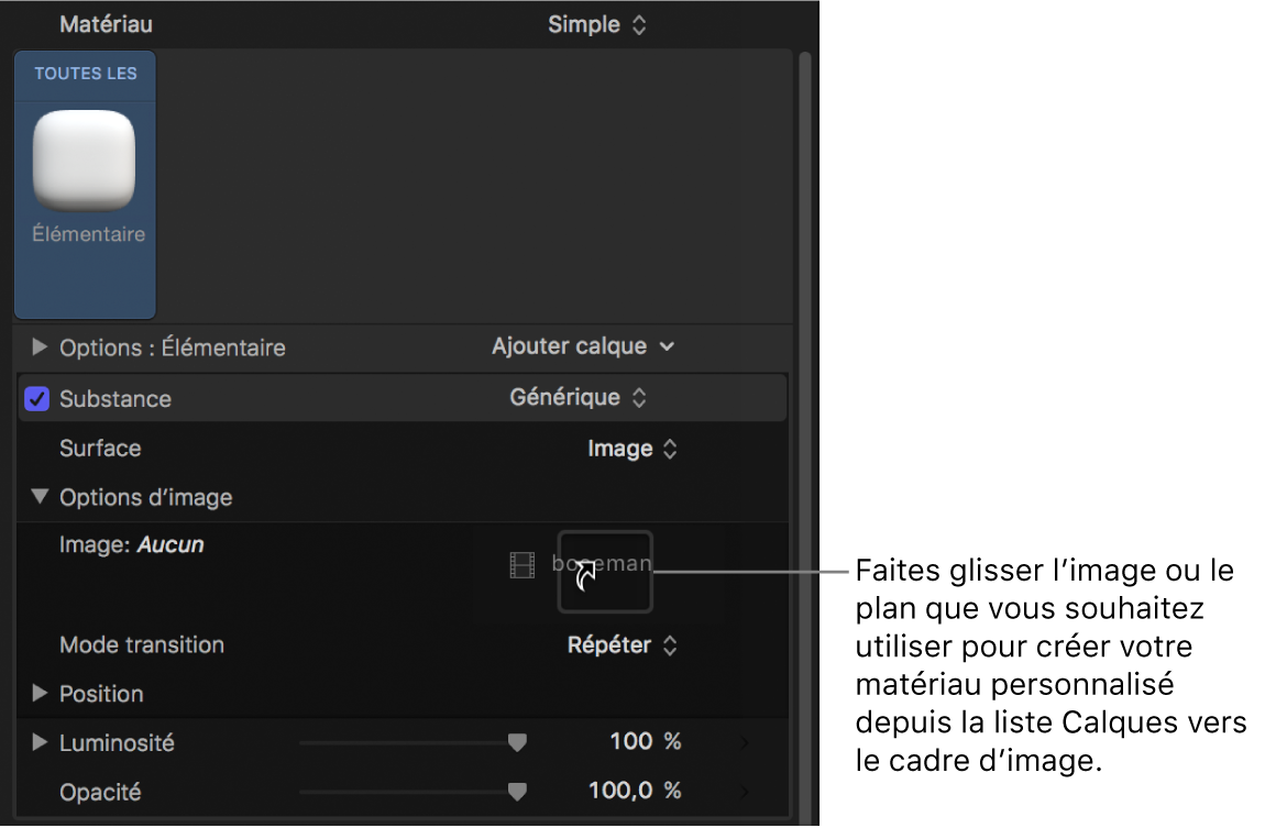 Déplacement par glisser-déposer d’une image personnalisée dans le cadre d’image des commandes Options d’image de la fenêtre Apparence de l’inspecteur de texte