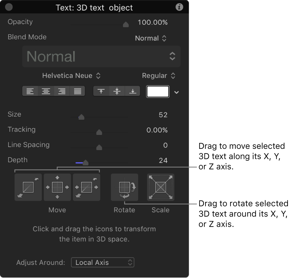 显示选择了“3D 调整”工具的 3D 文本的 HUD