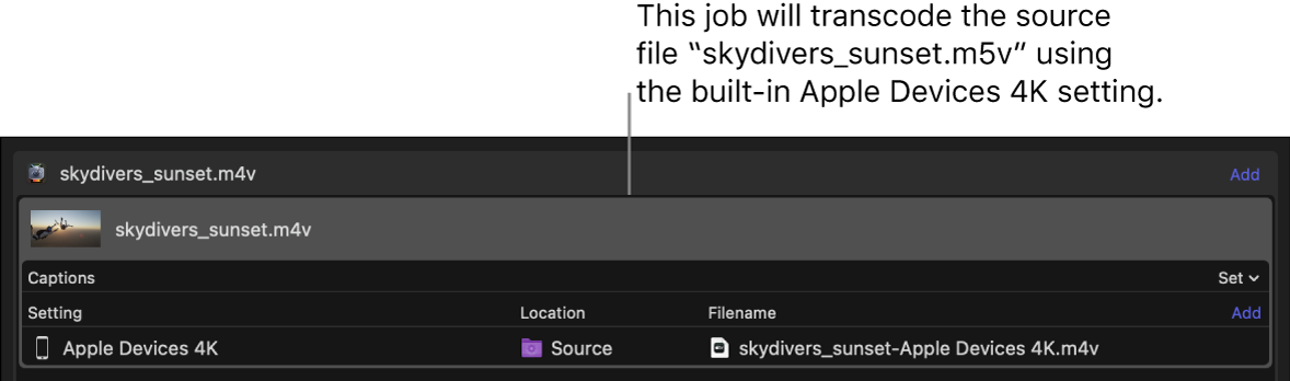 Batch area showing single job with single setting applied.