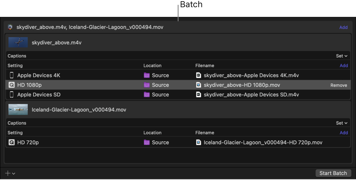 Batch area showing batch header