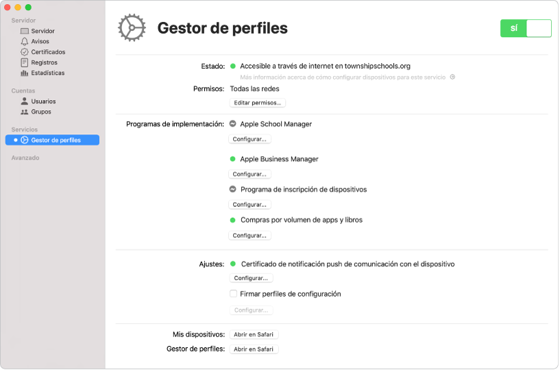 El gestor de perfiles se activa en la app Server y se configura con la interfaz web del gestor de perfiles.