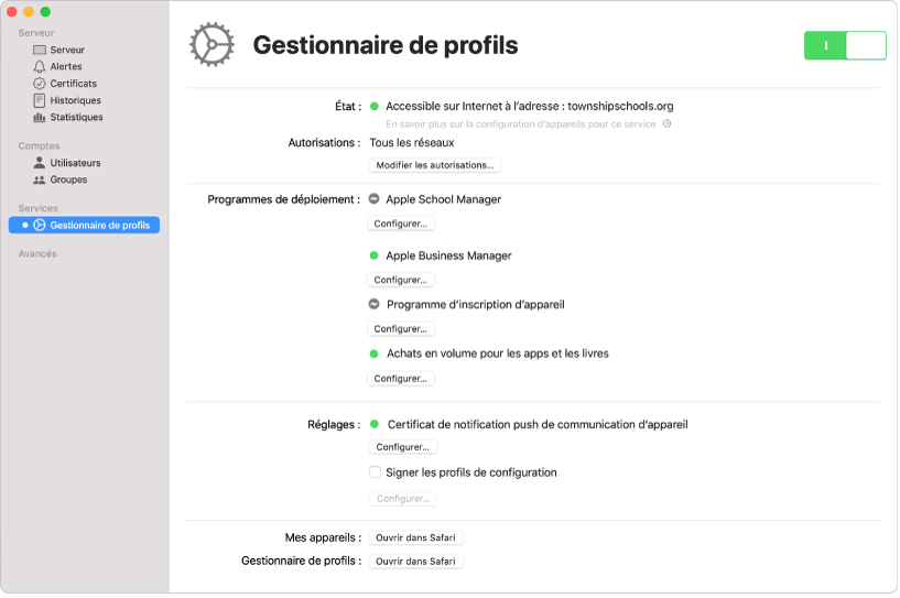 Gestionnaire de profils est activé à l’aide de l’app Server et est configuré à l’aide de l’interface web de Gestionnaire de profils.