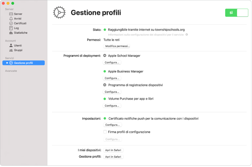 “Gestione profili” è attivato tramite l'app Server e configurato tramite l'interfaccia web “Gestione profili”.