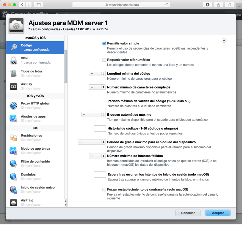 Opciones de restricción de códigos y contraseñas de macOS, iOS y iPadOS en el gestor de perfiles.