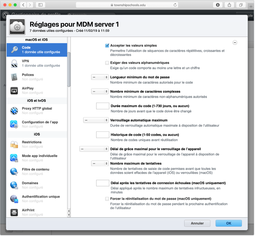 Options de restriction du mot de passe et du code macOS, iOS et iPadOS dans Gestionnaire de profils.