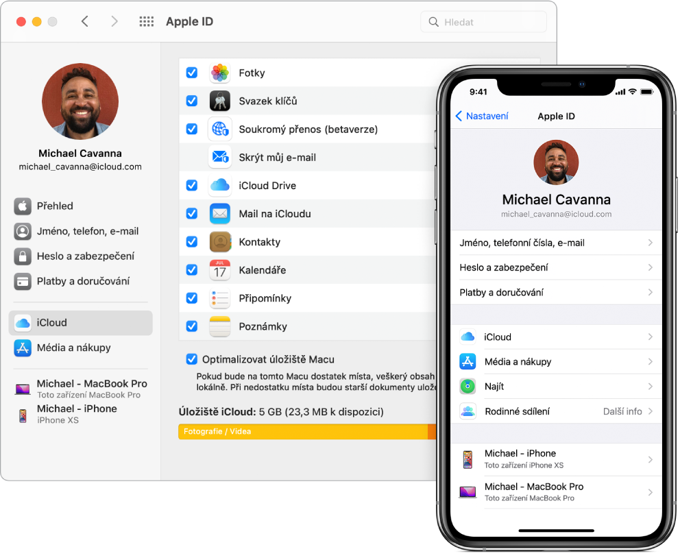 Nastavení iCloudu na iPhonu a vedle Mac s oknem iCloudu
