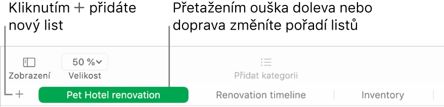 Okno Numbers s popisky popisujícími, jak přidat nové listy a změnit jejich uspořádání