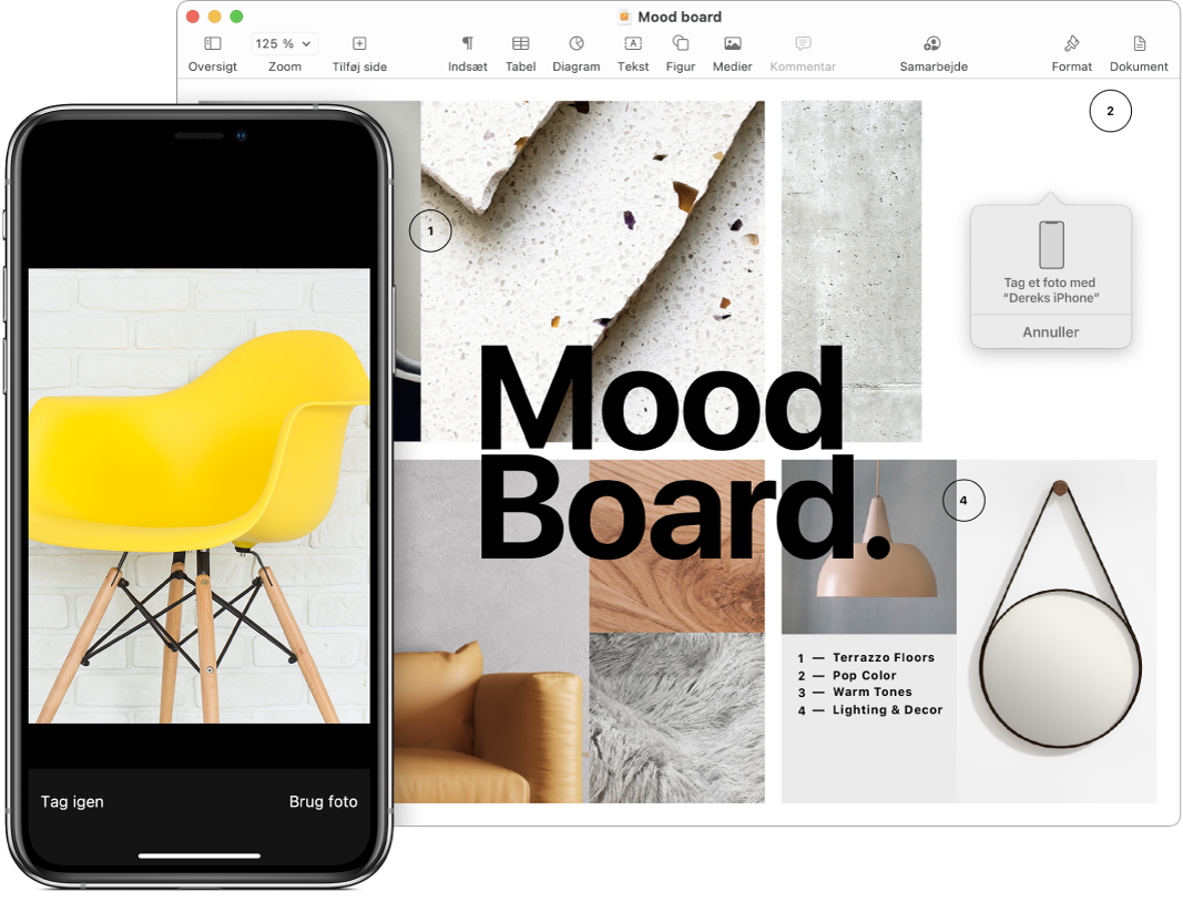 En iPhone, der viser et foto, og en Mac-skærm, der viser et Pages-dokument med et beskedfelt, hvor billedet skal placeres.