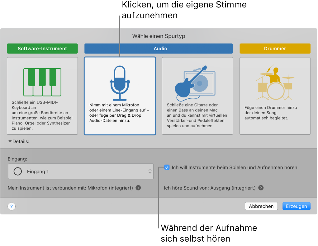 GarageBand-Instrumentbereich mit Taste zur Stimmaufzeichnung und Wiedergabe während der Aufnahme