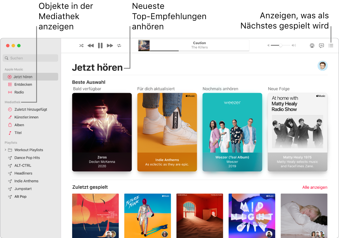 Ein Fenster der App „Musik“ mit Informationen zum Anzeigen deiner Mediathek, Anhören von Apple Music und Anzeigen des nächsten Titels