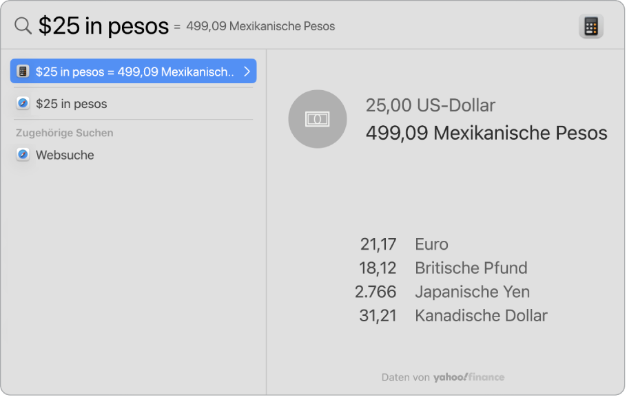 In einem Bildschirm ist die Umrechnung von Dollar in Pesos zu sehen, wobei die beste Umtauschrate sowie verschiedene andere, auswählbare Ergebnisse angezeigt werden.