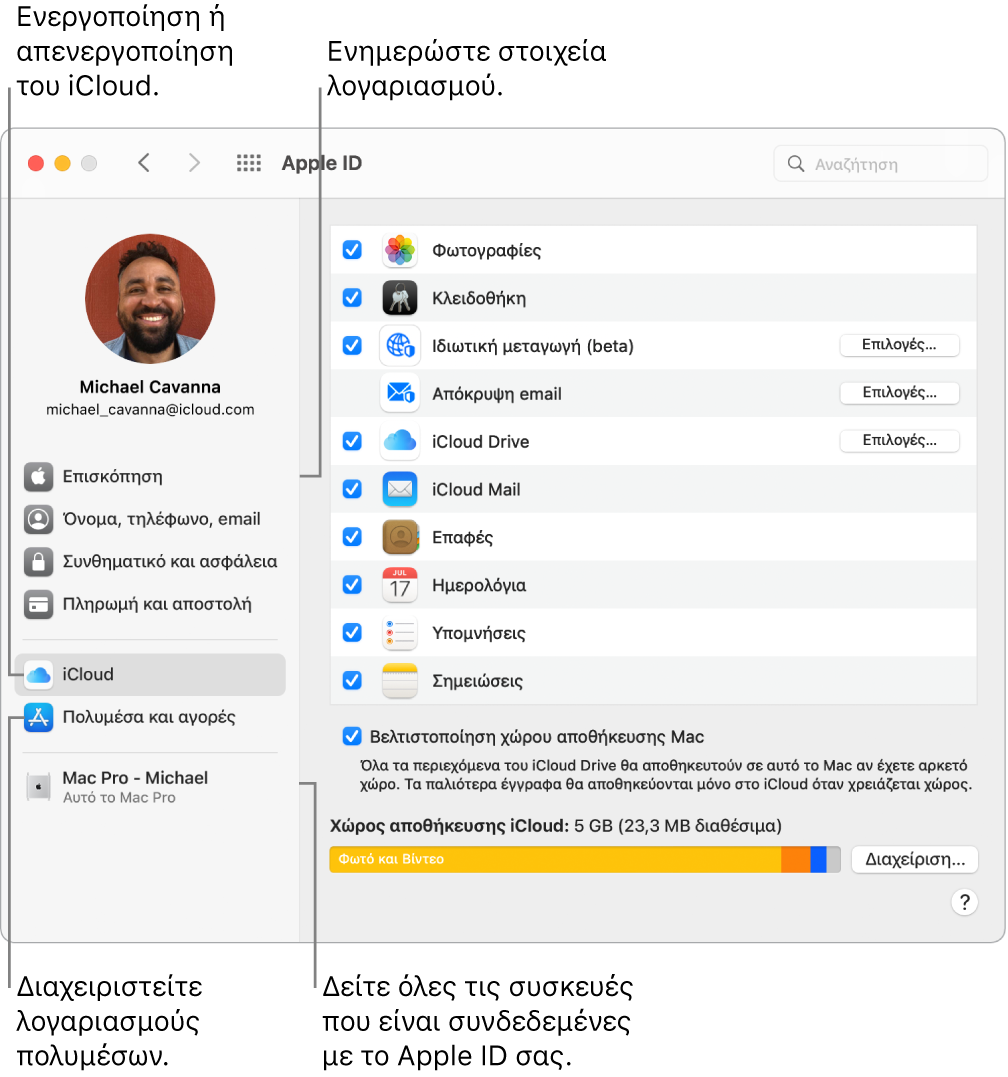 Το τμήμα Apple ID στις Προτιμήσεις συστήματος. Κάντε κλικ σε ένα στοιχείο στην πλαϊνή στήλη για ενημέρωση των στοιχείων του λογαριασμού σας, ενεργοποίηση ή απενεργοποίηση του iCloud, διαχείριση λογαριασμών πολυμέσων και εμφάνιση όλων των συσκευών που έχουν συνδεθεί με το Apple ID σας.