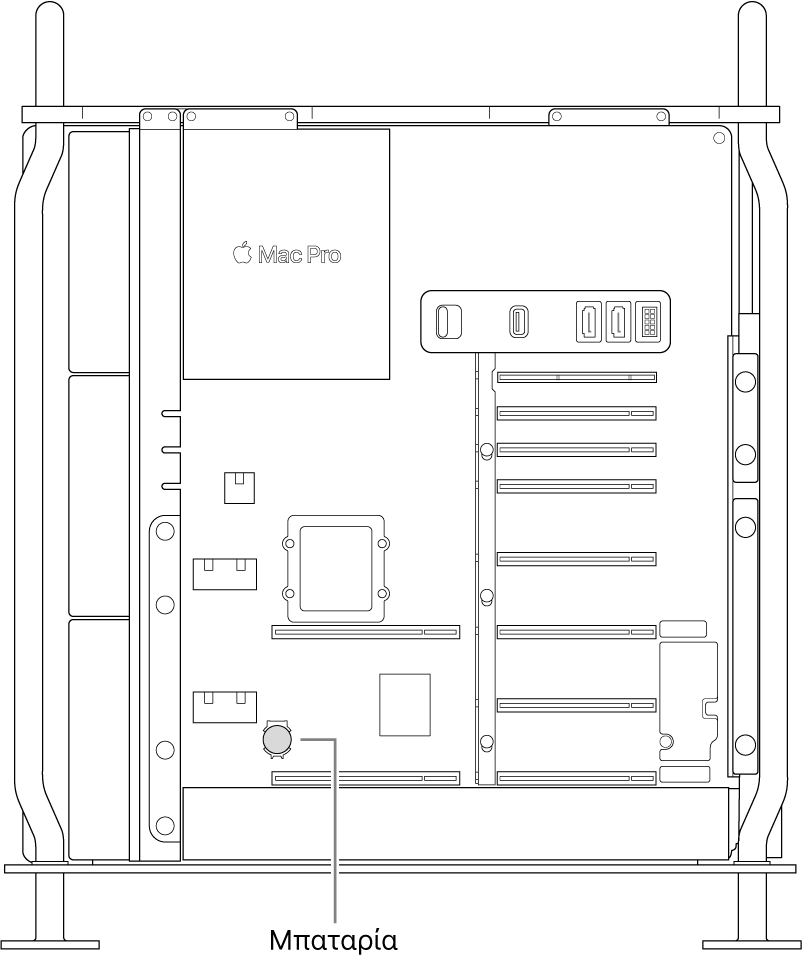 Πλαϊνή όψη του ανοιχτού Mac Pro όπου φαίνεται η θέση της μπαταρίας-κουμπιού.